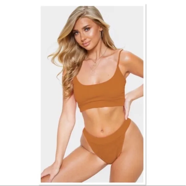 Orange Ribbed High Waist Bikini Set Large Burnt Orange Two Piece Swim NWT - Image 5