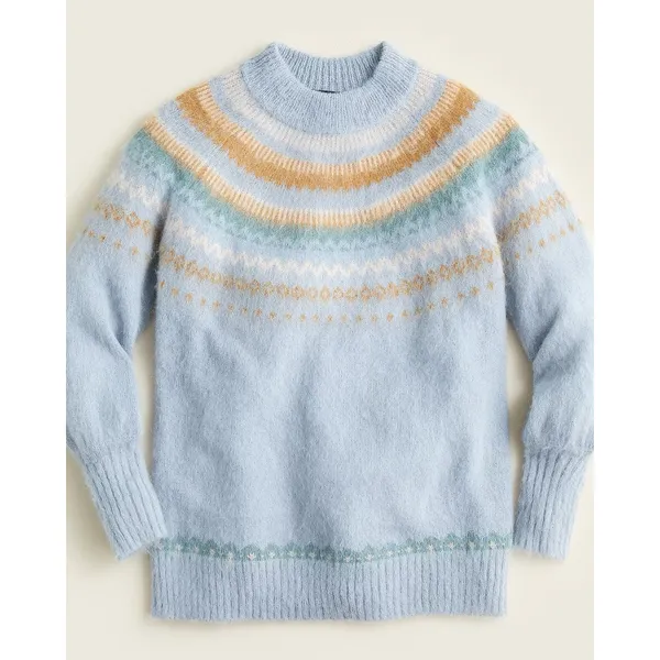 J Crew Fair Isle Yoke Puff Sleeve‎ Sweater Blue Alpaca Wool Womens Medium - Image 2