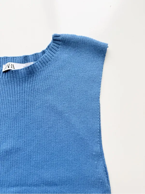 Zara Ruched Ribbed Knit Tank Blue size Medium - Image 3