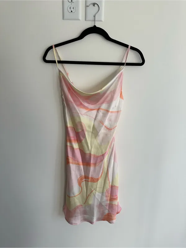 Olia Orange Pink Yellow Swirl Cowl Neck Satin Mini Dress Size XS - Image 2