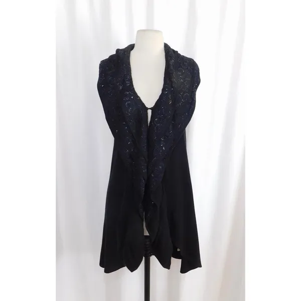 ALICE + OLIVIA Black Cascading Ruffled Knit Floral Lace Sweater Vest Cashmere XS - Image 2