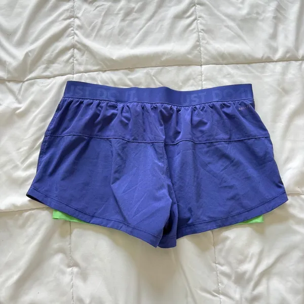 Nike Womens Dri-FIT 2-in-1 Running Shorts Purple Green Just Do It Large Active - Image 7