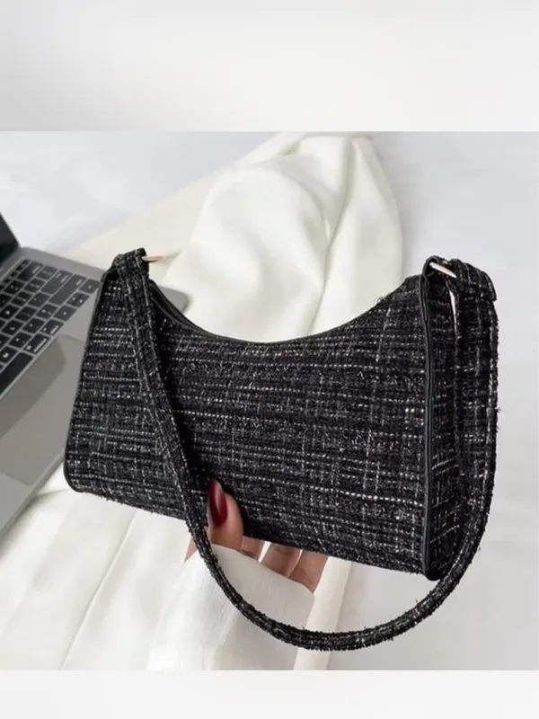 NWOT Classic Black Tweed / shiny thread Shoulder Bag - Elegant Everyday Purse - Image 7