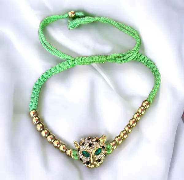 Jeweled Jaguar Macrame Bead Bolo Bracelet Green - Image 2