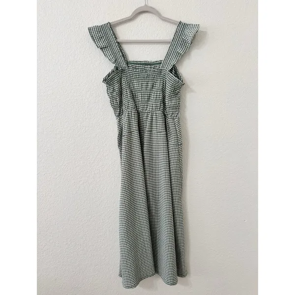 Old Navy Green White Gingham Smocked Midi Dress Ruffle Straps Size Medium - Image 3