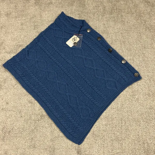 Saol Ireland Poncho Womens Small Medium Merino Wool Cable Knit Sweater Blue New - Image 2