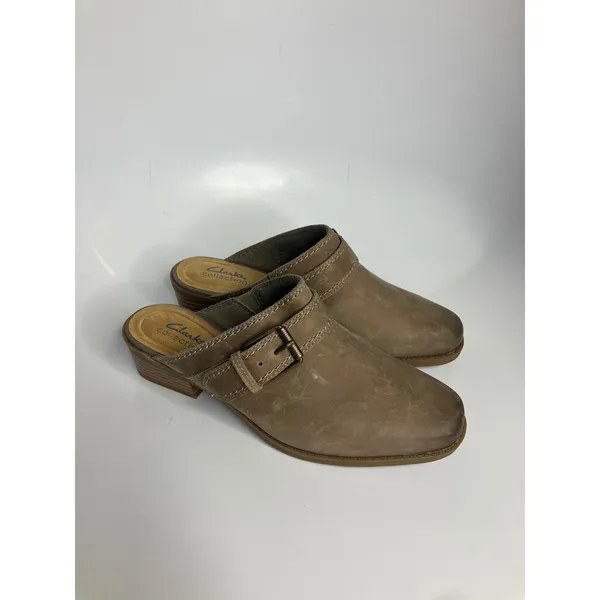Clarks Collection Mules Womens 8.5W Taupe Excellent Leather Buckle‎ Block Heel - Image 2