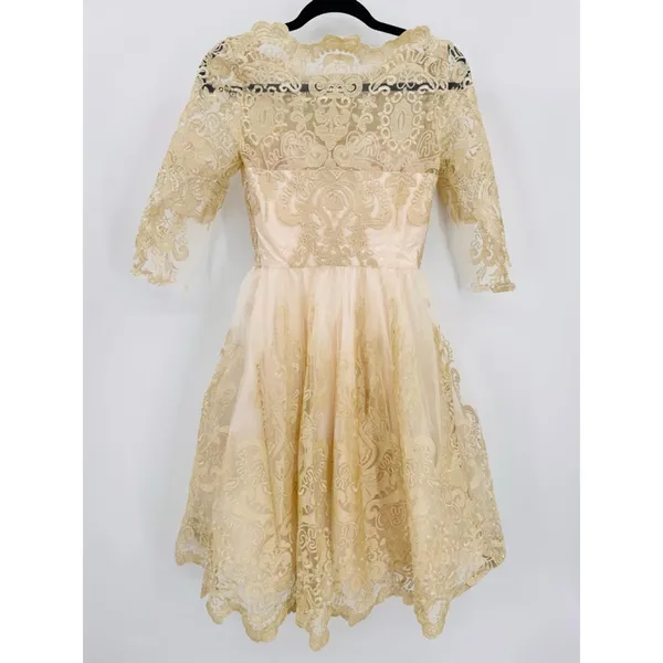 Sheer Gold Lace Overlay Formal Dress Sweetheart Neckline Victorian Regency Sz 2 - Image 4