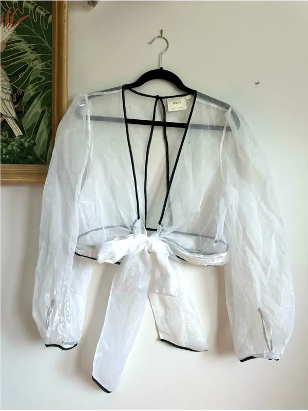 Anthropologie Maeve Sheer Bow Tie Long Sleeve Blouse Women’s Large White - Image 2