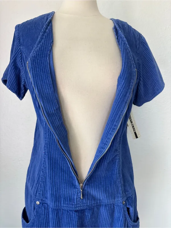 Vintage 80s Deadstock Blue Corduroy Short Sleeve Zip-Front Dress - Image 4