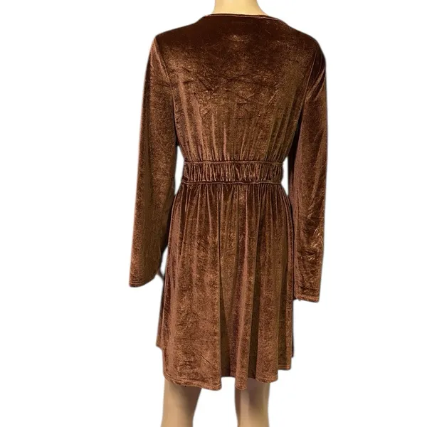 Luukse Brown Boho Velour Embroidered Tie Neck Tassel Mini Midi Dress Medium - Image 2