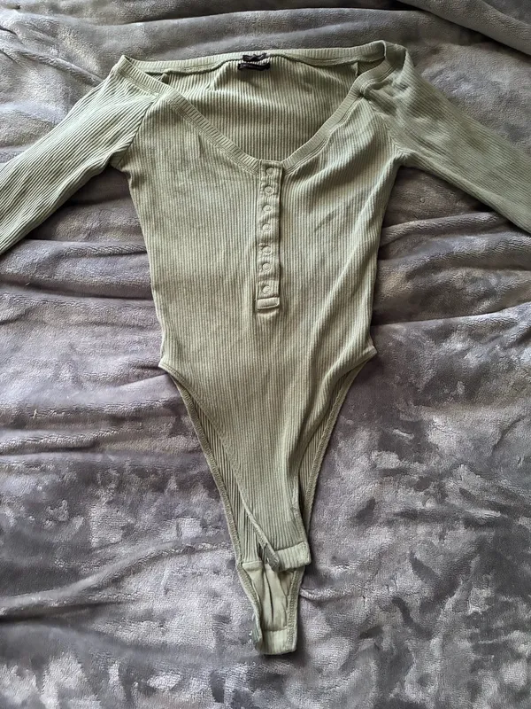 Out from Under Urban Outfitters Sage/Olive Green Ribbed Henley Bodysuit - Image 2