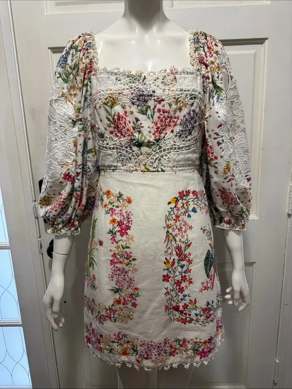 Farm Rio Delicate Forest Scarves Bonded Lace Linen-Blend Mini Dress Size Small - Image 2