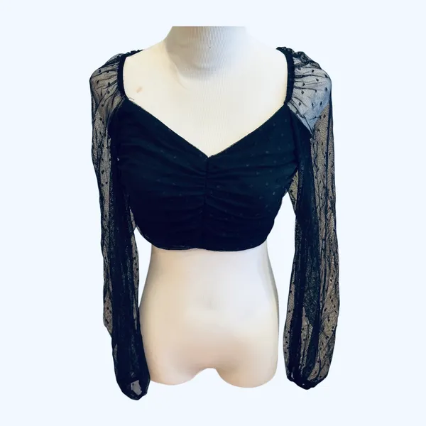 Blue Blush Black Mesh Top Crop Ruched Semi Sheer Polka Dots L - Image 2