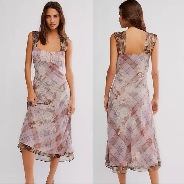 Free People Femme Grunge 90s Y2K Morning Dew Plaid Floral Midi Slip Dress Large - Image 3