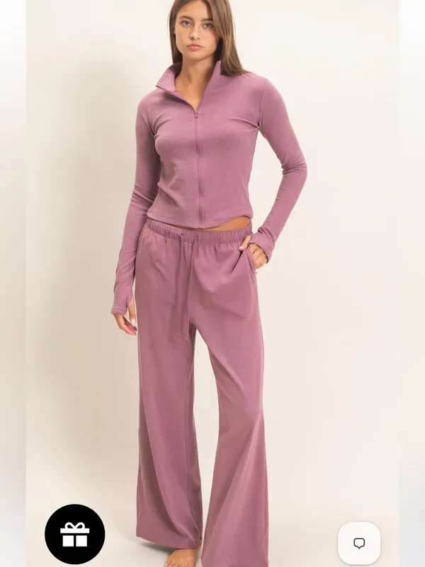 Dusty Mauve Plum Zip Up Top Wide Leg Pants Set Small - Image 11