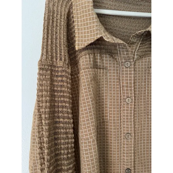 Oli & Hali Brown Check Oversized Frayed Mix Media Tunic Shirt Medium - Image 3