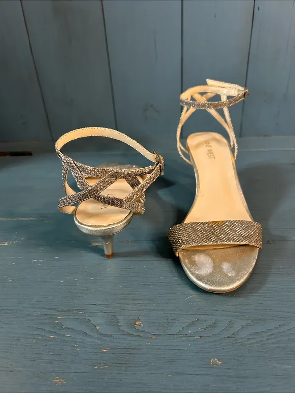 Nine West Metallic Gold/Silver Strappy Kitten Heeled Sandals | Size 7.5 - Image 3