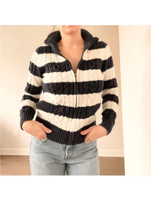 Vintage L.L. Bean Navy Striped Cable-Knit Zip Sweater - Image 2