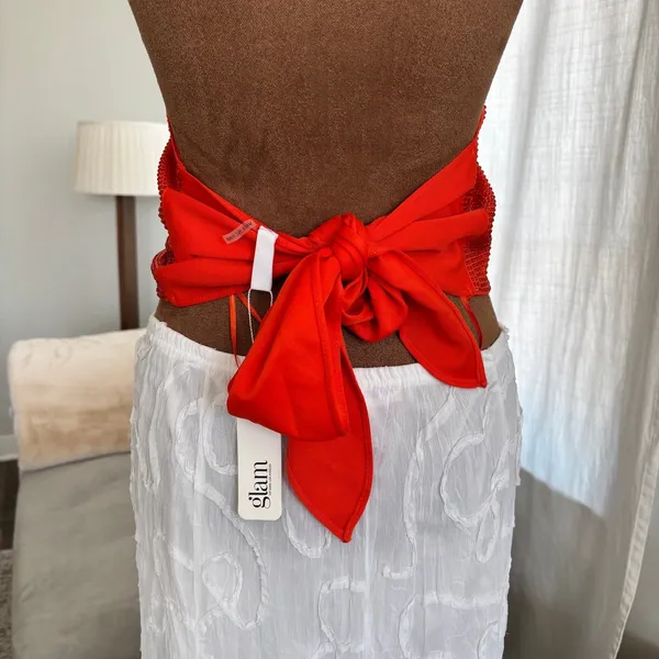 NWT Rhinestone Halter Top L Orange Scarf Bow Back Festival McBling Y2K Clubwear - Image 8