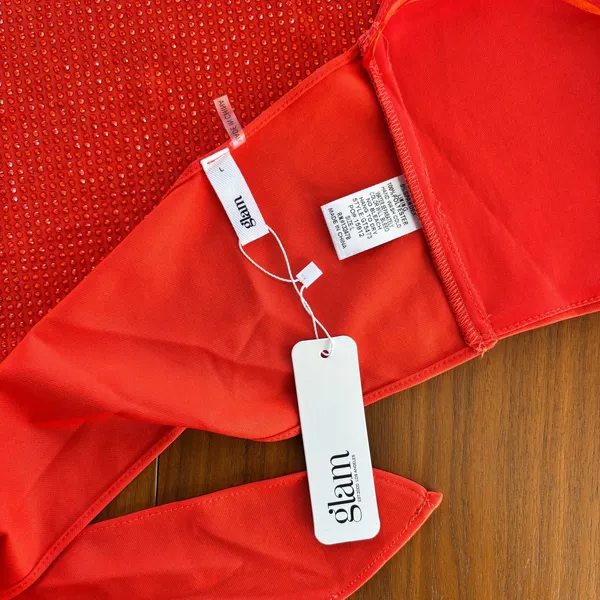 NWT Rhinestone Halter Top L Orange Scarf Bow Back Festival McBling Y2K Clubwear - Image 7