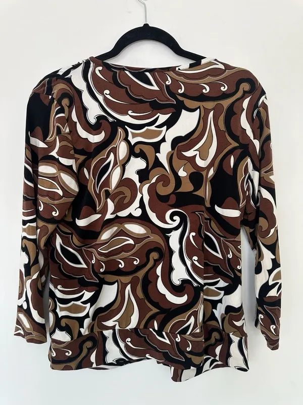 Cato Top Size L Brown White Black Retro Swirl O-Ring V-Neck 3/4 Sleeve - Image 4