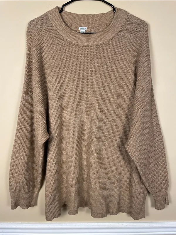 Aerie Women’s Waffle Knit Tan Comfy Cozy Crew Neck Sweater - Image 3