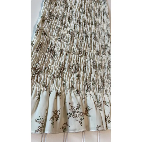 Reverse Floral Smocked Puff Sleeve Midi Dress Cream Brown Fall Medium NWT - Image 3
