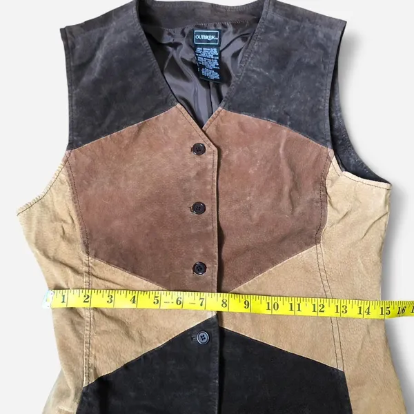 90s Western Boho Patchwork Genuine Leather Suede Brown Black Vest Ranch Rodeo Biker Vintage #Bohemian #Hippie #Indie Sleaze #Streetwear #Festival Grunge Sz M Measurement in pics - Image 4