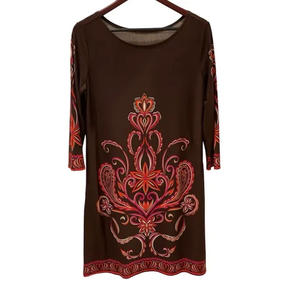 Anthropologie Boho Brown Red Printed Paisley Dress Lightweight L Fall - Image 2