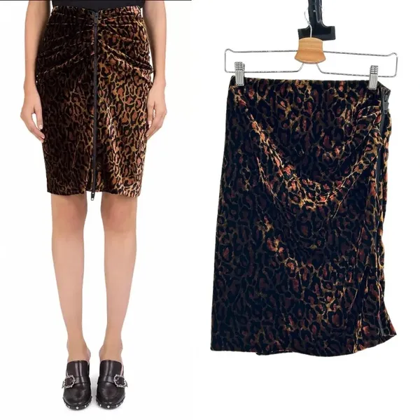 The Kooples Fire Brown Velvet Skirt Leopard Print Front Zipper Size 2 Medium‎ - Image 2