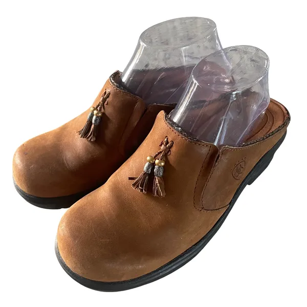 Ariat Leather Clogs Women 8B Tan Western Boho Tassel Wedge Platform Mules 93891 - Image 2