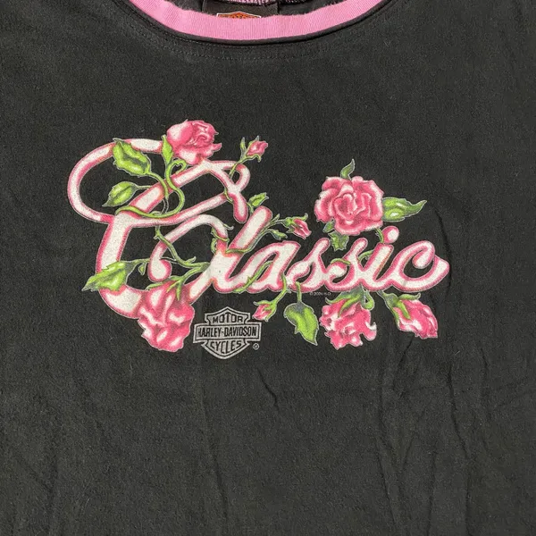 Harley Davidson Classic Floral Tee Womens Size M Black‎ Pink Biker - Image 3