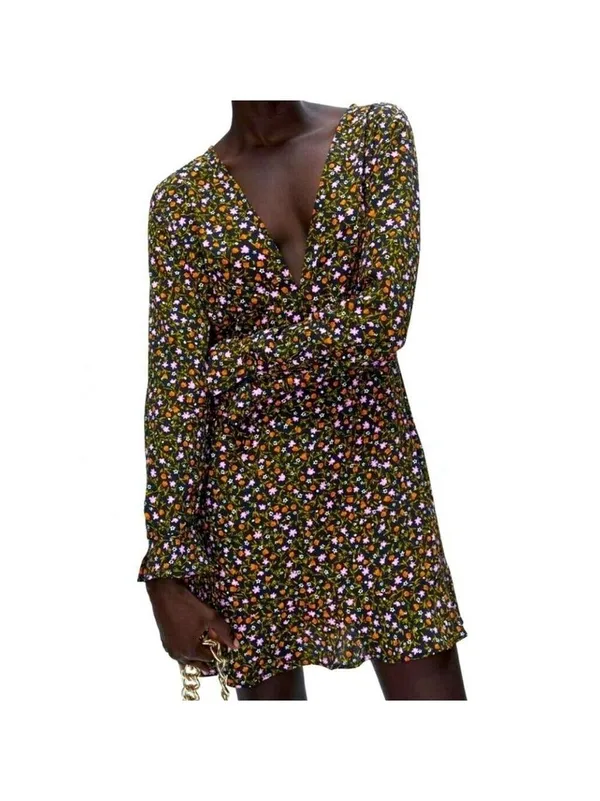 Zara Floral Print Long Sleeve Mini Dress Black Small - Image 2