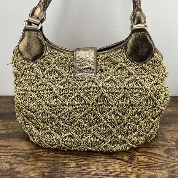 Brighton Woven Jute Gold Leather Buckle Accent Y2K Satchel‎ Purse Vintage - Image 3