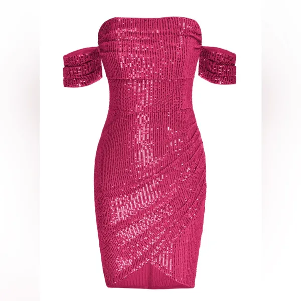 Kate Kasin Glitter Sequin V Neck Ruched Off Shoulder Bodycon Mini Dress M NWT - Image 4