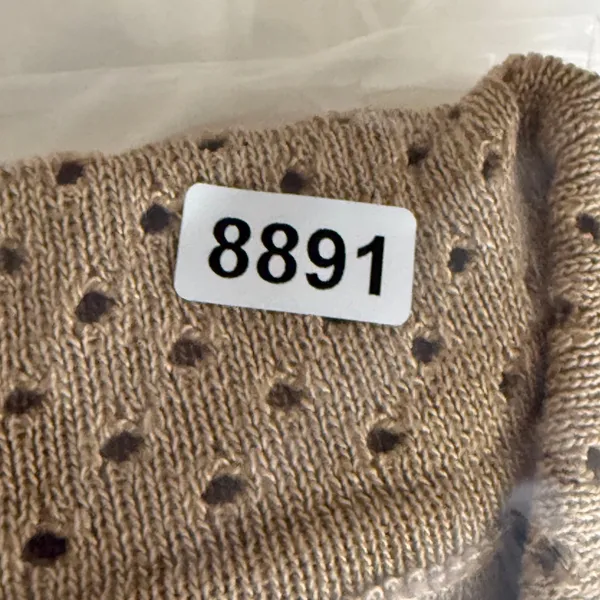 Tan‎ Striped Pointelle Knit Button Up Short Sleeve Polo Shirt Collared Sweater M - Image 5