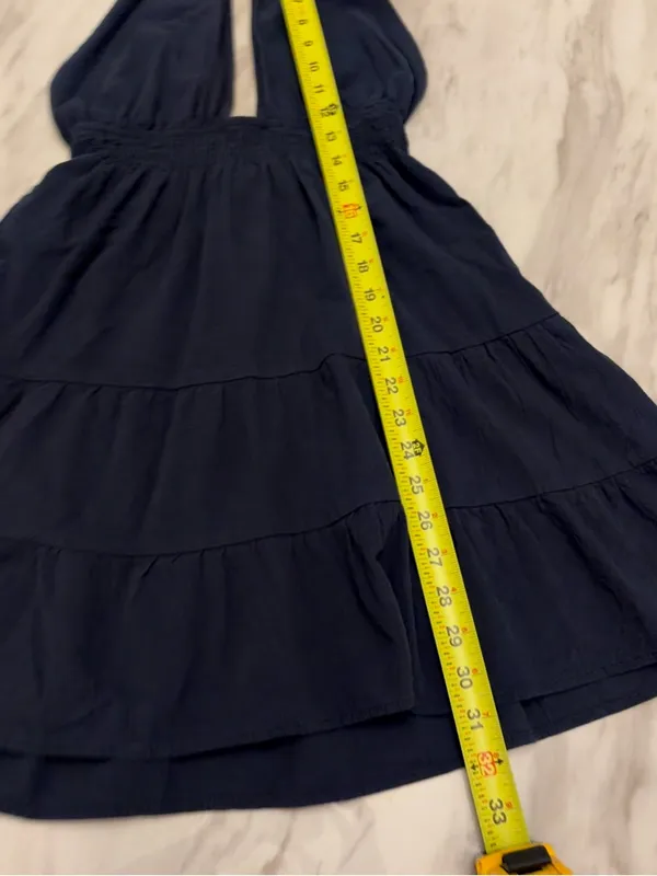 Navy Blue Halter Mini Dress Tiered Smocked Keyhole Backless - Image 3