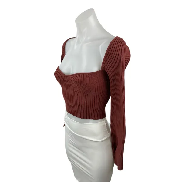 Urban Outfitters Brown Ribbed Knit Long Sleeve Bustier Corset Crop Top Size M - Image 2