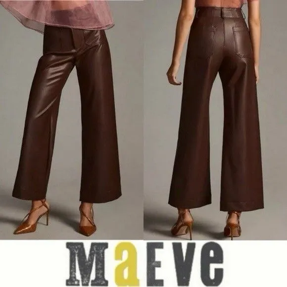 Anthropologie Wide-Leg Pants Brown Faux Leather Stretch Pockets Women's Tall 28T - Image 3