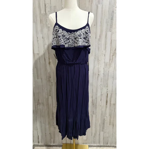 NWT Luxology Dress Womens Size 4 Navy Blue Lace Overlay Spaghetti Strap‎ Midi - Image 2