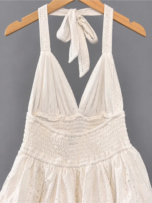 White Halter Tiered Eyelet Mini Dress - Size XS | Windsor - Image 7