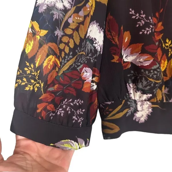 Madewell Black Floral Wrap Style V-Neck Long Sleeve Tie Waist Blouse Women Sz L - Image 3