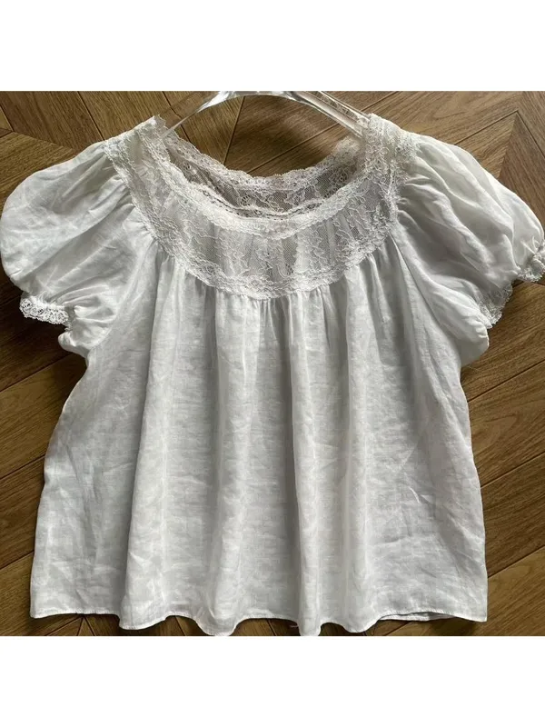 Doen Caprice Lace Trim White Peasant Blouse, S - Image 2