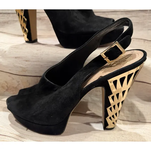 Vince Camuto black suede peep toe shoes Gold Metal Cut Out Heel Size 10 - Image 2