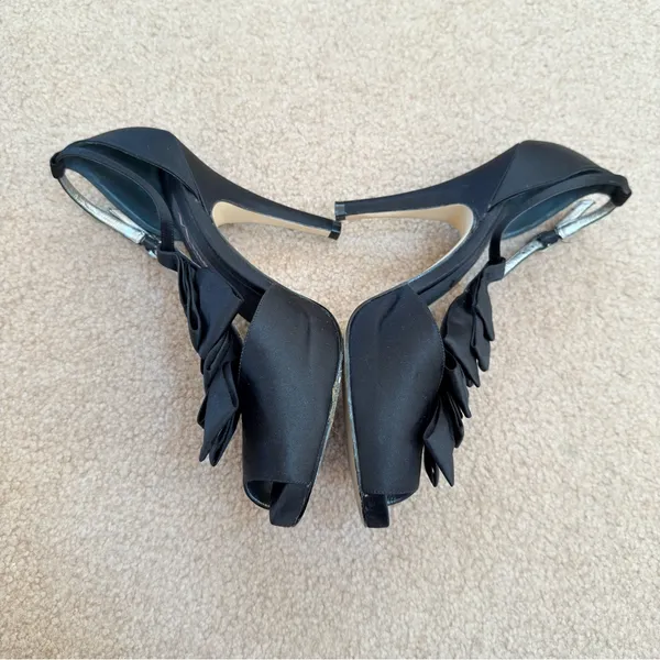 Nina Elga Black Satin Ruffle Platform Peep-Toe Stiletto Heels 7 - Image 7