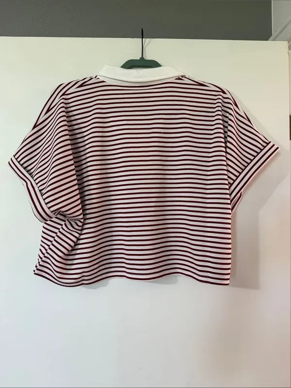 Zenana Outfitters Burgundy & White Striped Cropped Polo Tee and shorts set - Image 4