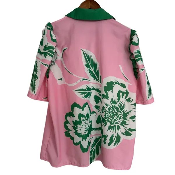 Cherry Berry Fresh Floral Pink & Green Print Button Down Blouse Women’s XXL - Image 2