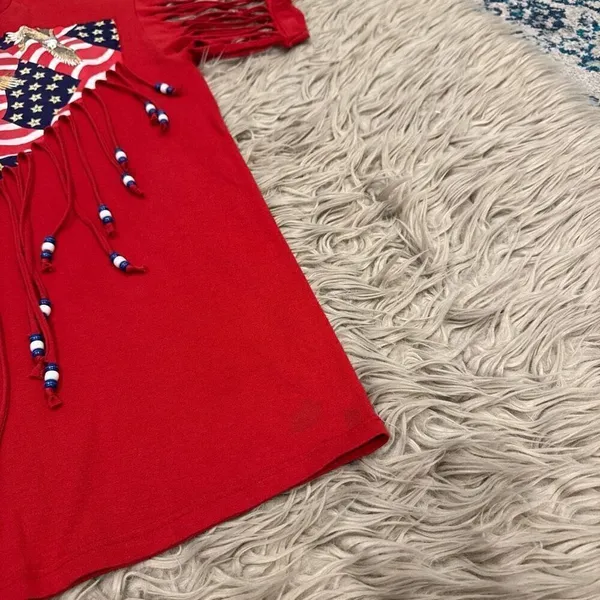 Handmade vintage fringe and beads American flag USA t-shirt large - Image 2