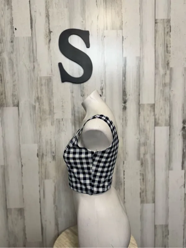 C-Mode Gingham Plaid Square Neck Crop Top Womens S Navy Blue White Tank - Image 2